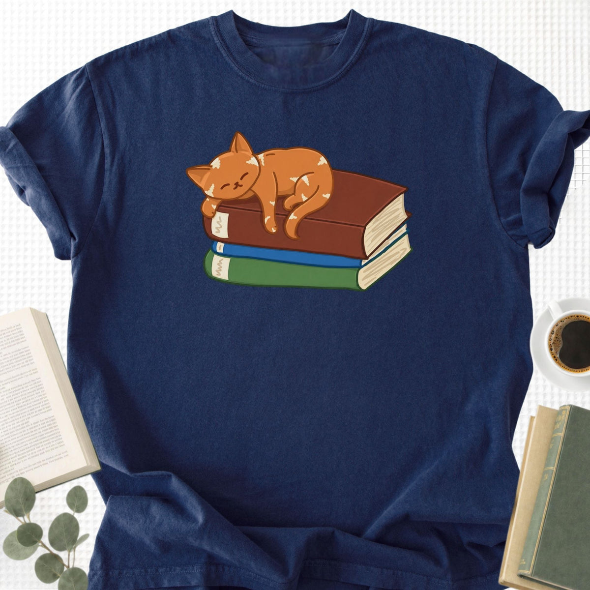 Cute Cat Sleeping on Books Unisex T-Shirt