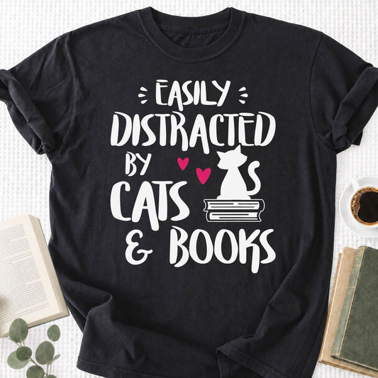 Easily Distracted by Cats and Books Unisex T-Shirt