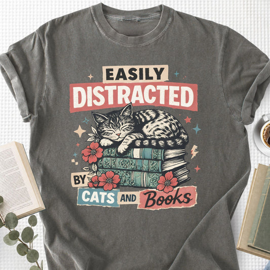 Easily Distracted By Cats And Books Unisex T-Shirt