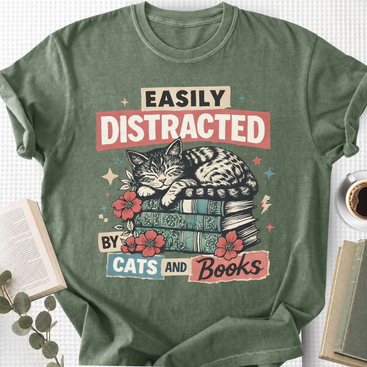 Easily Distracted By Cats And Books Unisex T-Shirt