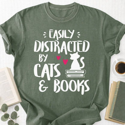 Easily Distracted by Cats and Books Unisex T-Shirt