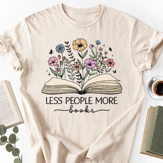 Less People More Books Floral Unisex T-Shirt, Bookworm Gift