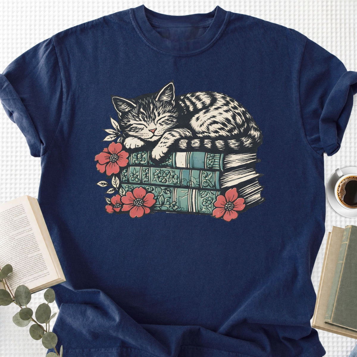 Sleeping Cat Books Floral Unisex T-Shirt